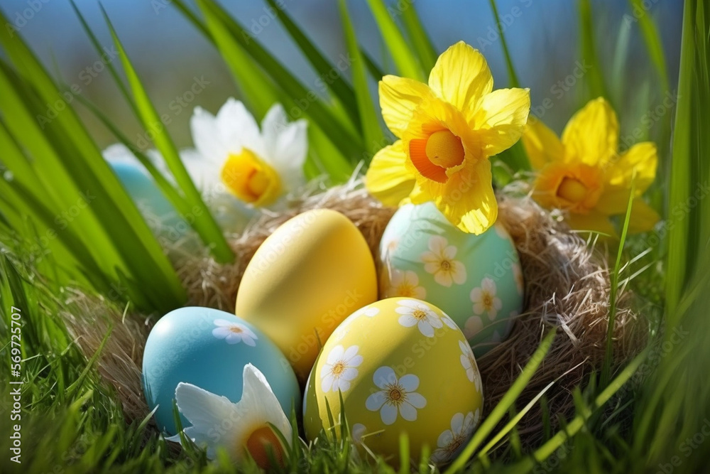 Easter eggs and daffodils sunny day generative AI Easter eggs and daffodils sunny day generative AI