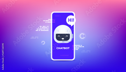 Chatbot or artificial intelligence on smartphone screen. Digital technology themed banner vector illustration.