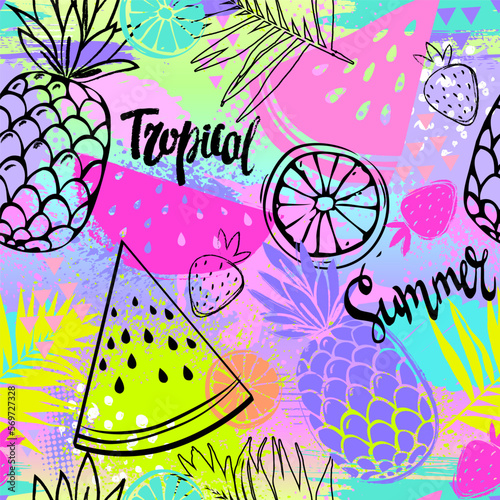 Fashion tropics funny wallpapers. Seamless pattern with fruits. Bright summer illustration. 