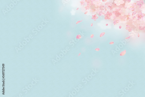  空と桜の花びらが散る幻想的な水彩画イラストの背景