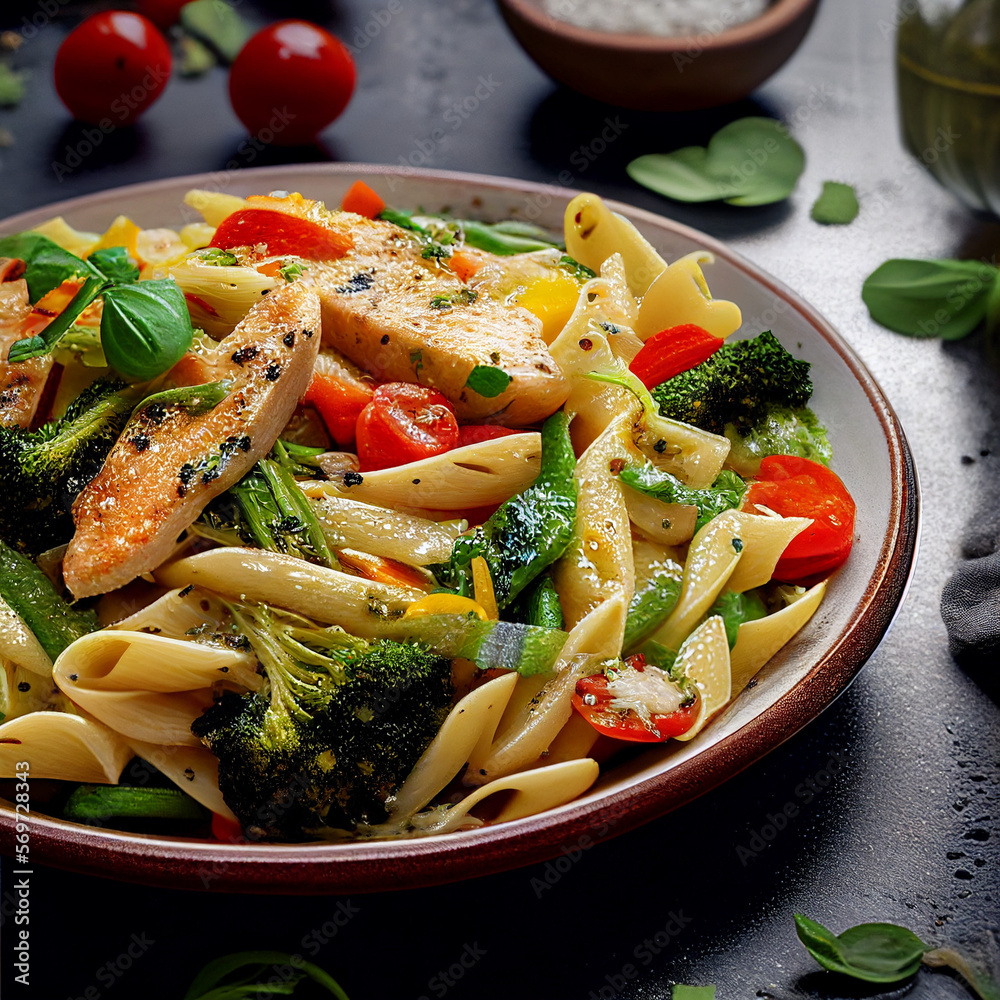 pasta primavera with chicken slices and vegetables pasta primavera with chicken slices and vegetables