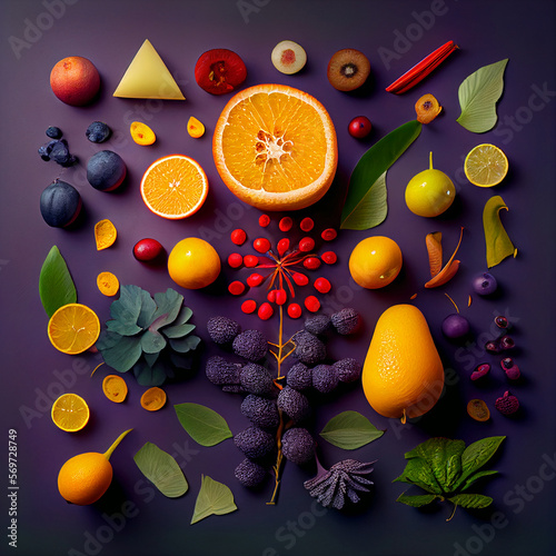 A variety of fruits and vegetables on a purple background with Generative AI technology (ID: 569728749)