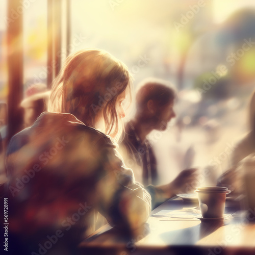 AI generated Image of People Sitting in a Small Cafe. AI generated Illustration.