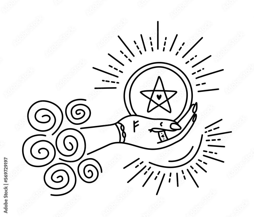 Ace of pentacles with rune Fehu on the hand, black and white symbol of wealth Ace of pentacles with rune Fehu on the hand, black and white symbol of wealth