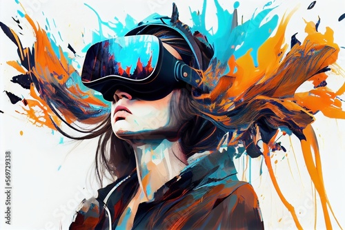 Young woman wearing VR headset, female gamer, abstract paint digital art