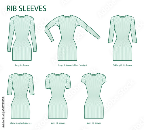 Set of Rib sleeves clothes knit long, short, 3-4, elbow length, folded, straight technical fashion illustration with fitted body. Flat apparel template front side. Women, men unisex CAD mockup