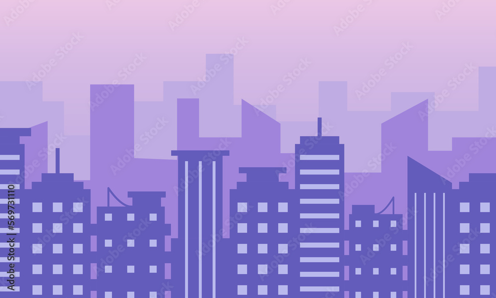 Urban landscape with buildings Purple city silhouette. Cityscape background. Vector illustration.
