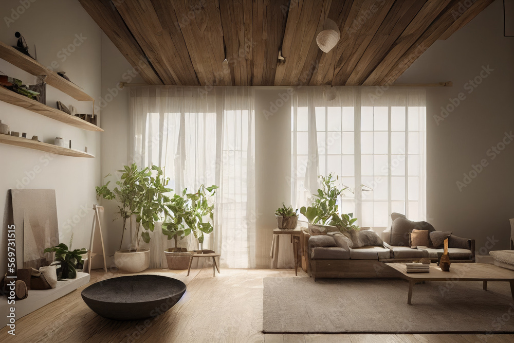 Wood Sustainable Luxury Interior with Staged Organic Furniture Made with Generative AI