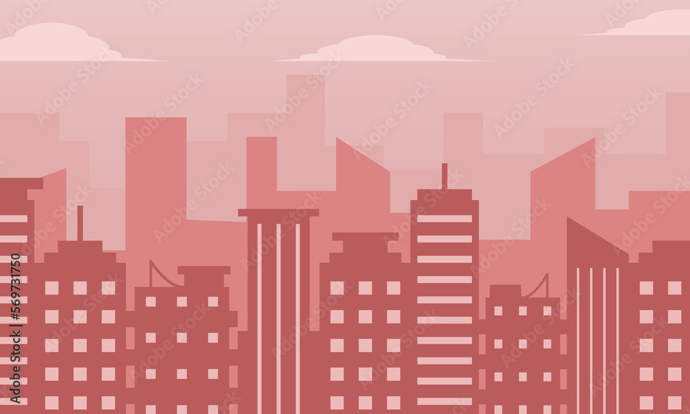 Urban landscape with buildings and Clouds Red city silhouette. Cityscape background. Vector illustration.