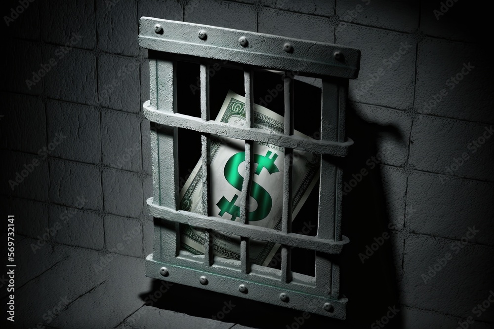 Dollar locked in prison. Prison window with money in prison cell