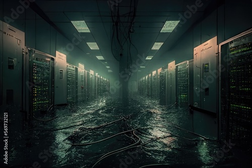 Datacenter being flooded. Water flooding the supercomputer array. Generative AI photo