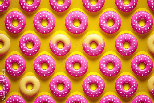 Seamless yellow creme background with pink donuts. Pink donuts overflown by yellow creme. Background. Generative AI