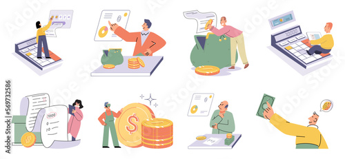 Set of people analyzing personal or corporate budget. Concept of finance accounting and calculation of financial income and expenses report. Financial consultant with document for tax computation