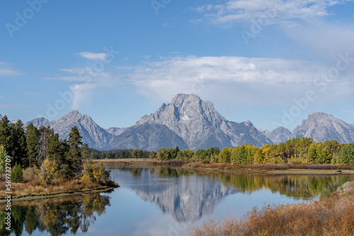 Mt. Moran and the Grand Tetons reflected in still water of the Snake River at Oxbow Bend in Autumn 
