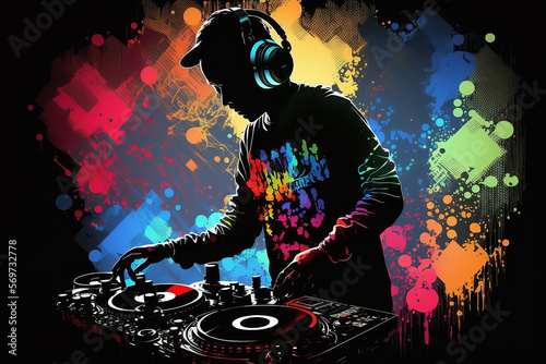 dj, arte colorica com fones de ouvido em mesa de mixagem de som 