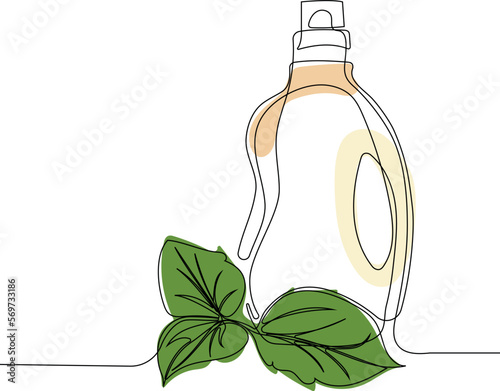 Continuous one line drawing of bottles for liquid laundry detergent, bleach, fabric softener, dishwashing liquid or another cleaning agent. Easy to place your text and brand logo. Vector illustration