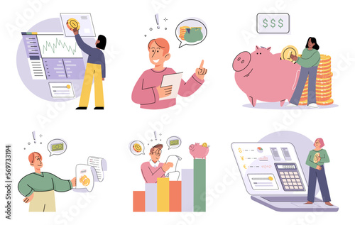 Set of people analyzing personal or corporate budget. Concept of finance accounting and calculation of financial income and expenses report. Financial consultant with document for tax computation