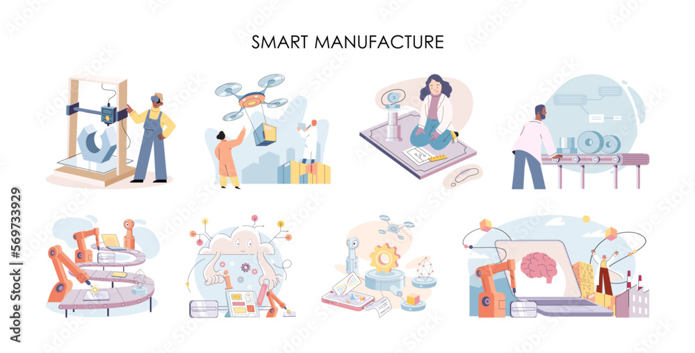 Smart manufacture, automation development metaphor. Innovative smart industry product design, manufacturing process, automated production line, delivery and distribution robots machinery industry 4.0 Smart manufacture, automation development metaphor. Innovative smart industry product design, manufacturing process, automated production line, delivery and distribution robots machinery industry 4.0
