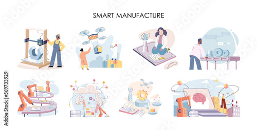 Smart manufacture  automation development metaphor. Innovative smart industry product design  manufacturing process  automated production line  delivery and distribution robots machinery industry 4.0