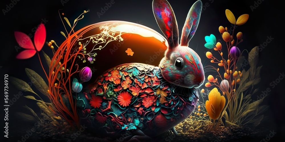 Paint Splashed Easter Bunny Coming Out Of An Easter Egg Surrounded By Colorful Flowers Paint Splashed Easter Bunny Coming Out Of An Easter Egg Surrounded By Colorful Flowers