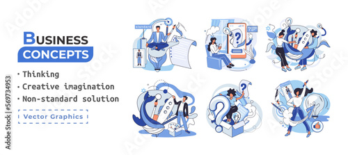 Creative thinking. People with different mental mindset types or model creative. Imaginative logical and structural thinking. MBTI person metaphor. Non standart solution. Brain think people solve idea