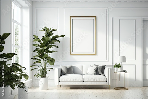 Minimalist modern clean white living room with sofa and frame Made With Generative AI