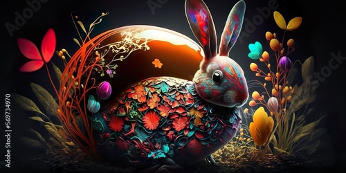 Paint Splashed Easter Bunny Coming Out Of An Easter Egg Surrounded By Colorful Flowers