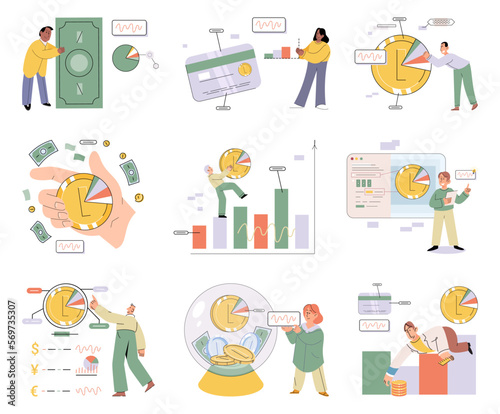 Set of people analyzing personal or corporate budget. Concept of finance accounting and calculation of financial income and expenses report. Financial consultant with document for tax computation