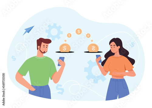 Online money transfer. Man and woman with smartphones send gold coins. Banking operations, cashless transactions and ewallet. Modern technologies and innovations. Cartoon flat vector illustration
