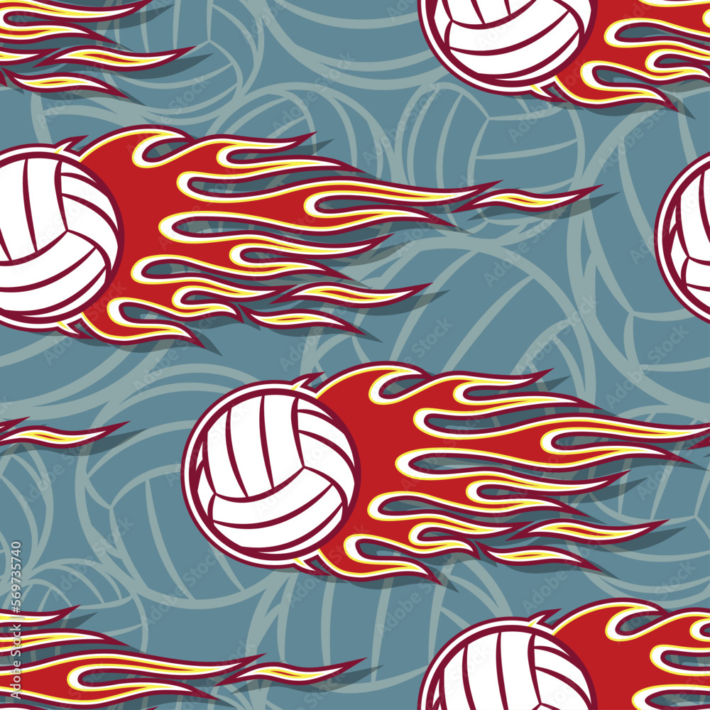 Fototapeta premium volleyball and tribal fire flame seamless pattern vector art image. Flaming Volleyball balls continuous background wallpaper sports texture.