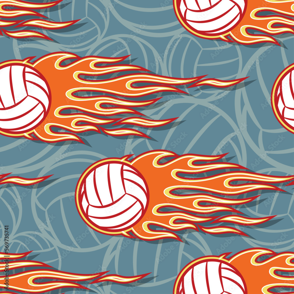 Volleyball wallpaper design vector image. Repeating tile background of volleyball balls and fire flame seamless pattern sports texture.