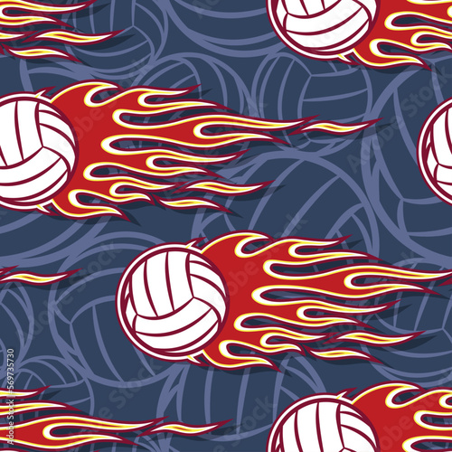 Burning volleyball balls repeating tile background. Volleyball balls and tribal fire flames seamless pattern vector image wrapping paper design.