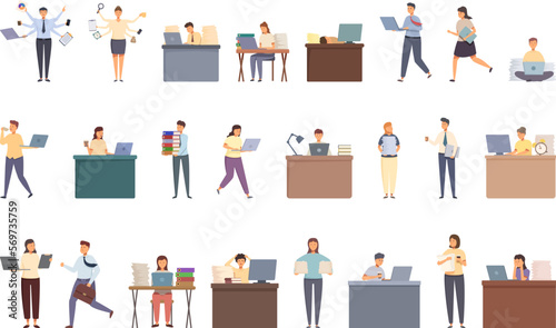 Workaholic icons set cartoon vector. Tired woman. Burnout depressed
