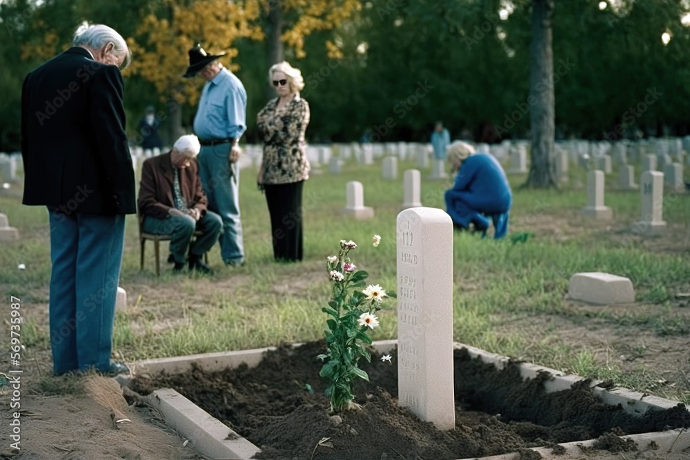 Burial in cemetery with people sad and crying around the tombstone