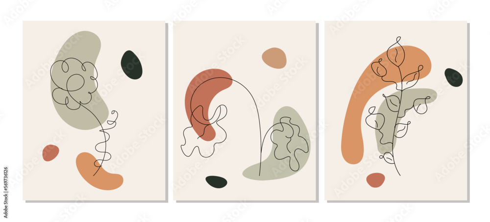 Botanical abstract posters set. Collection of graphic elements for website. Minimalistic creativity and art. Leaves and plants. Cartoon flat vector illustrations isolated on white background