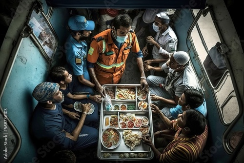 Humanitarian help. Bus full of volunteers, firemen, doctors, nurse, eating food. Generative AI Illustration