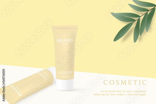 Natural cosmetics and skin care product ads template on yellow background with leaves.