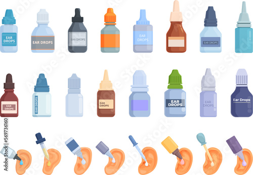 Ear drops icons set cartoon vector. Medicine bottle. Tube drops