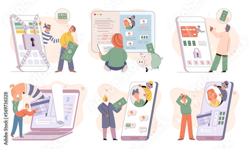 Hacker activity. Hacking computer. Phishing account, steal data, cyber attack. Stealing password. Cyber crime, theft personal information, cyber security spy access. Internet fraud scenes set metaphor