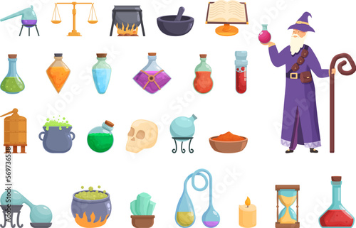 Alchemist icons set cartoon vector. Magic tool. Old fantasy
