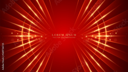 Fototapeta Naklejka Na Ścianę i Meble -  Golden circle with shiny dots, glitter light and beam effect decoration on red luxury background. Elegant style vector design