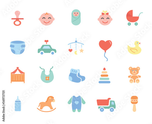 Child color icons set. Collection of graphic elements for website. Pacifier and sliders. Clothes and toys. Bear, car, pyramid and horse. Cartoon flat vector illustrations isolated on white background