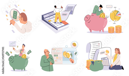 Set of people analyzing personal or corporate budget. Concept of finance accounting and calculation of financial income and expenses report. Financial consultant with document for tax computation