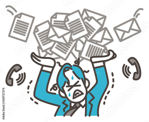 Young male office worker overloaded with work [Vector illustration of a person].