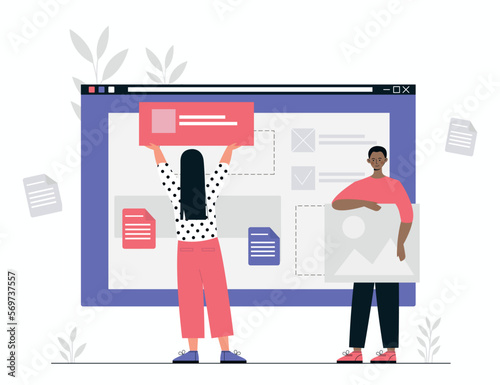 People design website. Man and woman with pictures and text complete web page with content. Creativity and teamwork. Modern technologies and digital world concept. Cartoon flat vector illustration