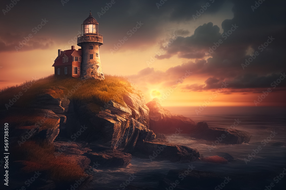 Illustration of an Old lighthouse on a cliff with the sunset background, AI-generated image.