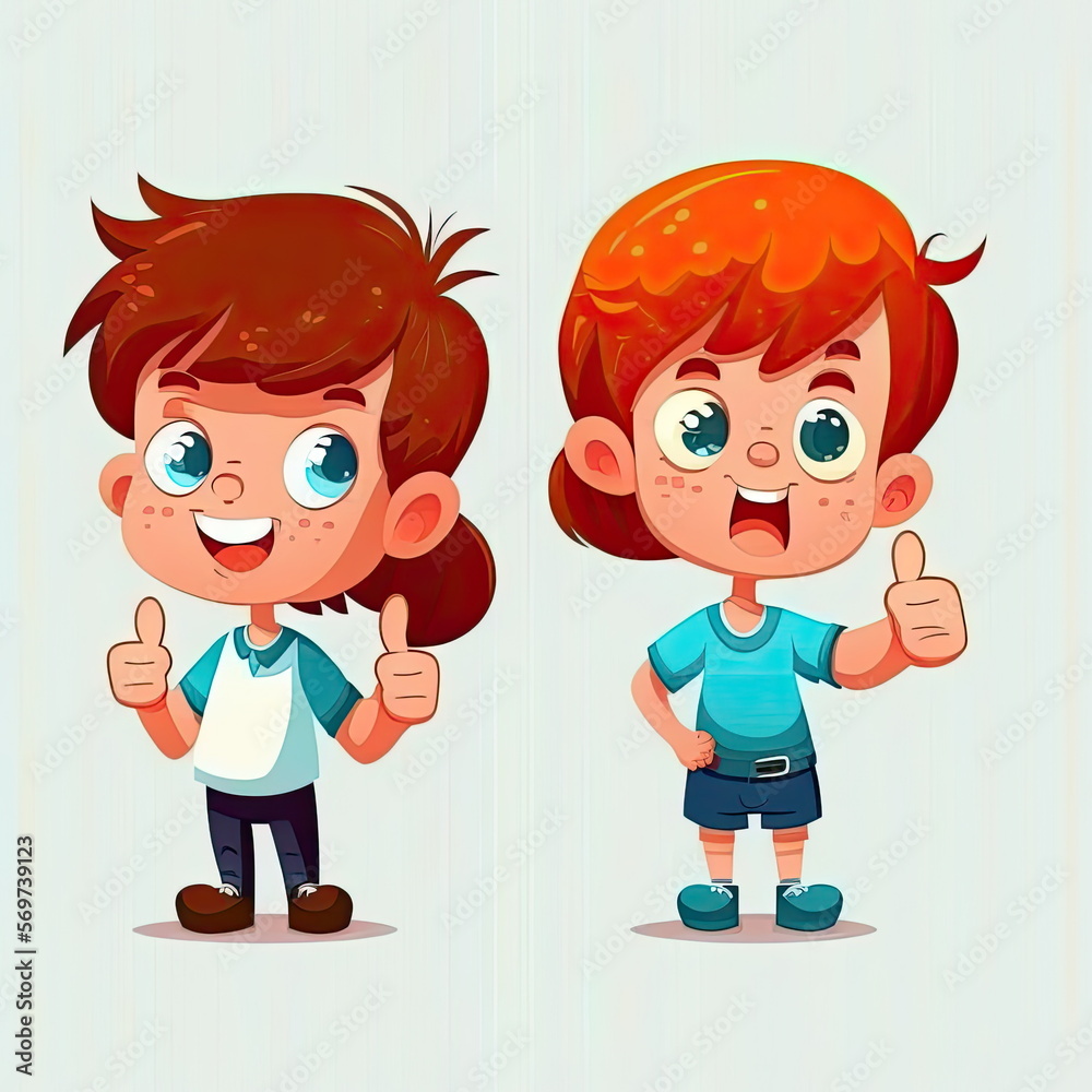 Thumb up signal, boy and girl cartoon character, vector illustration ...