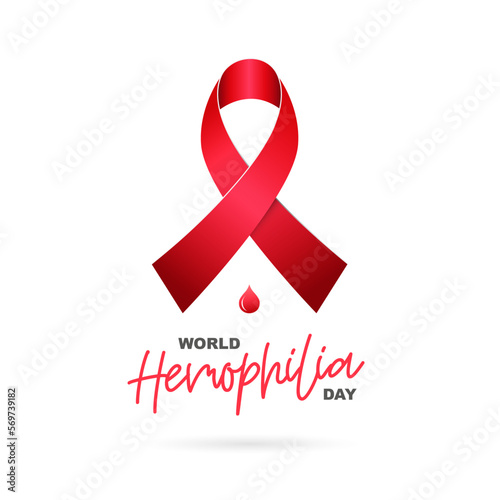Red ribbon and a drop of blood. Greeting card for World Hemophilia Day. Vector illustration
