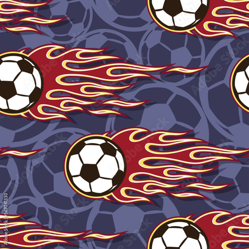 Football and tribal fire flames Seamless pattern vector art image. Burning soccer balls repeating tile sports background wallpaper texture.
