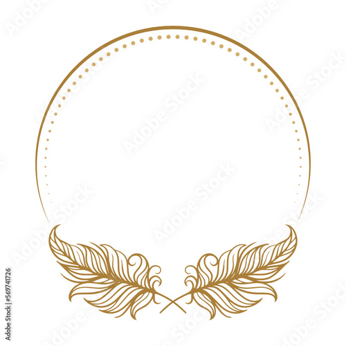 Vector boho style feathers round frame on the white background
